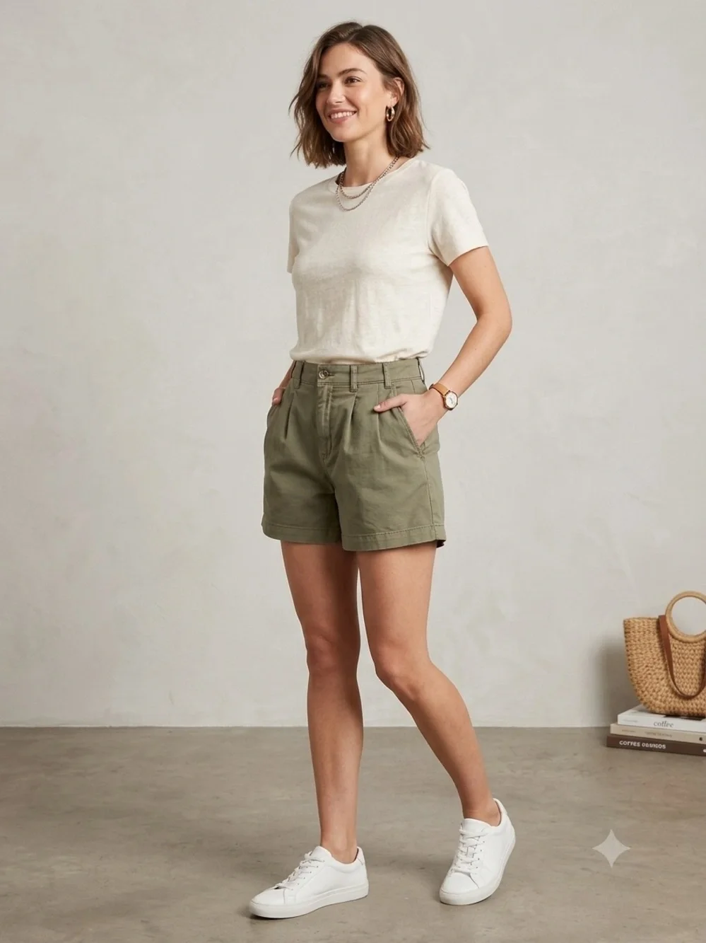 Free People High Rise Billie Pleated Chino Shorts Olive Green Boho Size 8